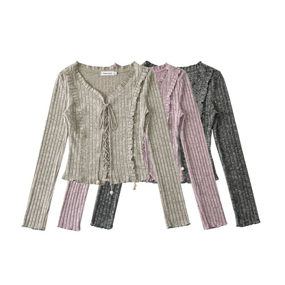 Extended Sleeve V-Cut Ribbed Lace-Up Fitted Blouse