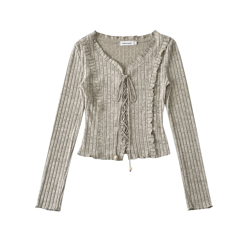 Extended Sleeve V-Cut Ribbed Lace-Up Fitted Blouse
