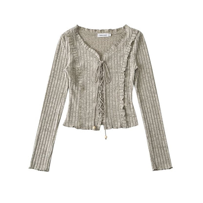 Extended Sleeve V-Cut Ribbed Lace-Up Fitted Blouse