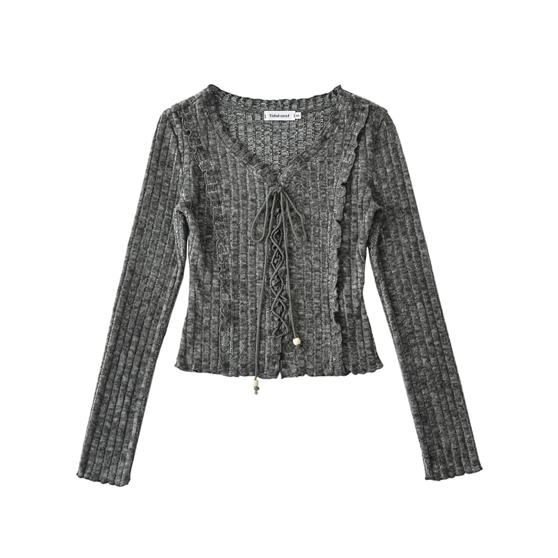 Extended Sleeve V-Cut Ribbed Lace-Up Fitted Blouse