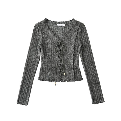 Extended Sleeve V-Cut Ribbed Lace-Up Fitted Blouse