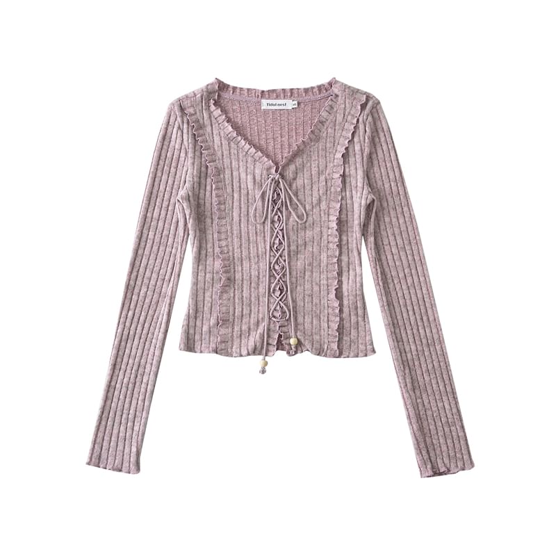 Extended Sleeve V-Cut Ribbed Lace-Up Fitted Blouse