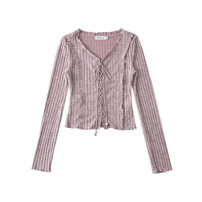Extended Sleeve V-Cut Ribbed Lace-Up Fitted Blouse