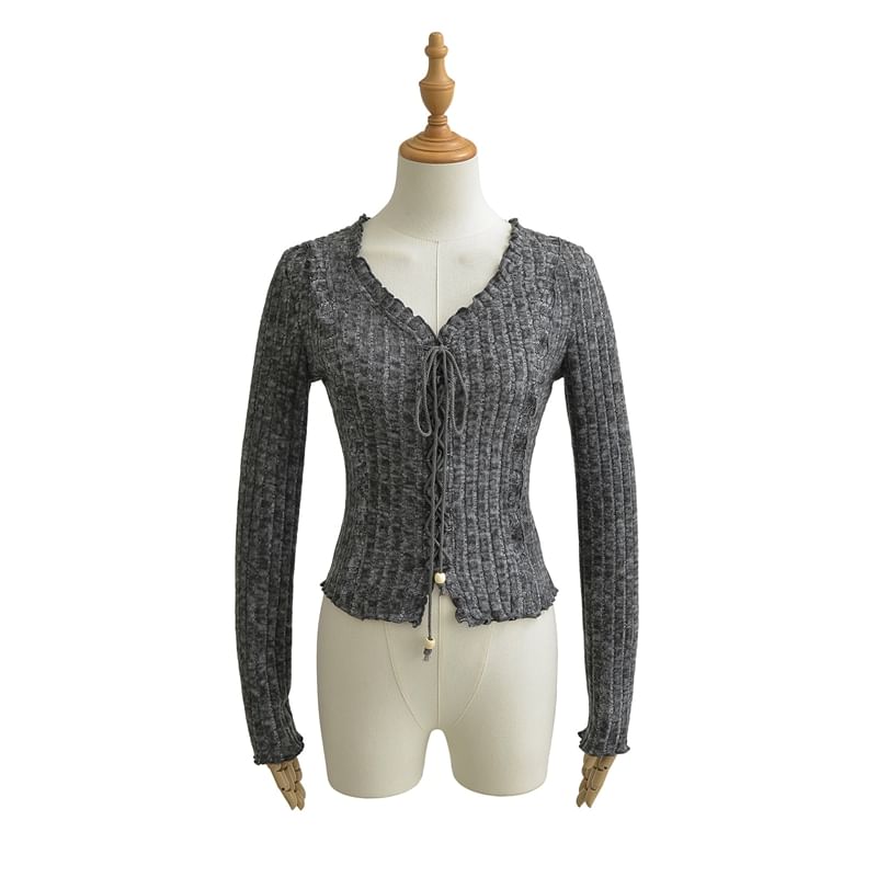 Extended Sleeve V-Cut Ribbed Lace-Up Fitted Blouse
