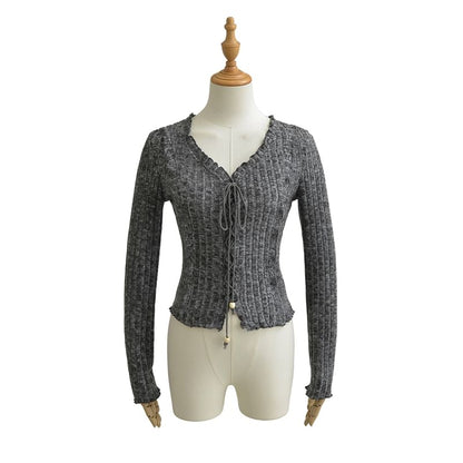Extended Sleeve V-Cut Ribbed Lace-Up Fitted Blouse
