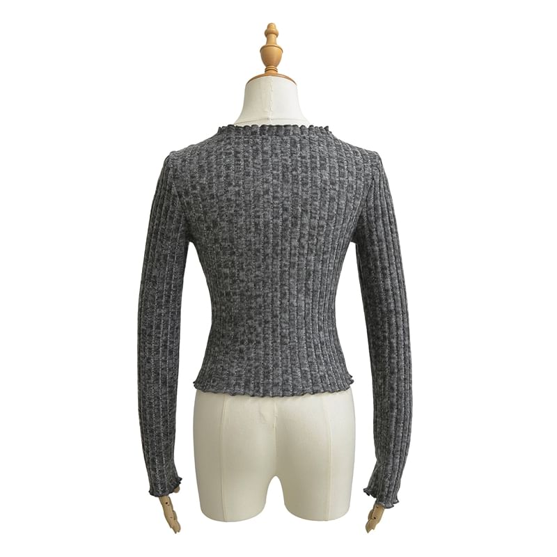 Extended Sleeve V-Cut Ribbed Lace-Up Fitted Blouse