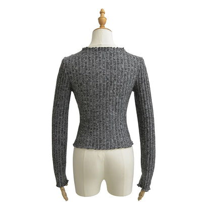 Extended Sleeve V-Cut Ribbed Lace-Up Fitted Blouse