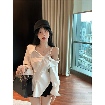 Cold Shoulder Lace Trim Ruffle Hem Shirt