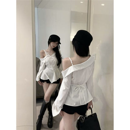Cold Shoulder Lace Trim Ruffle Hem Shirt