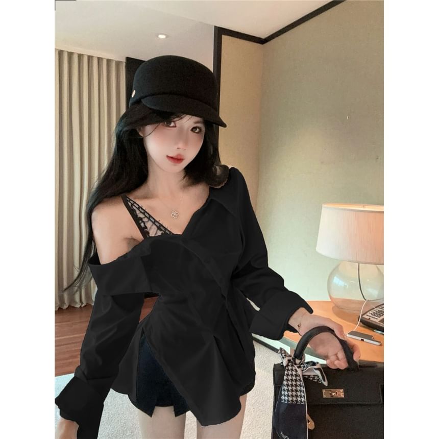 Cold Shoulder Lace Trim Ruffle Hem Shirt