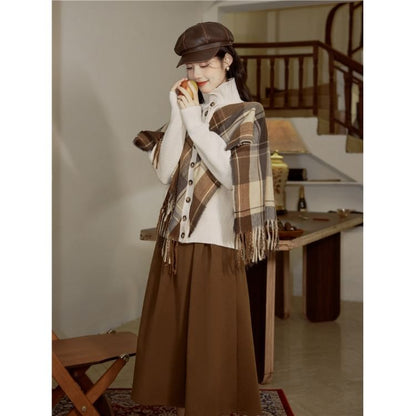 Mock Two-Piece Turtleneck Plaid Knit Top & Midi A-Line Skirt Set