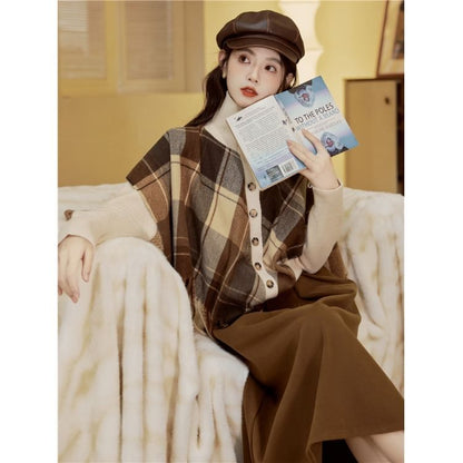 Mock Two-Piece Turtleneck Plaid Knit Top & Midi A-Line Skirt Set