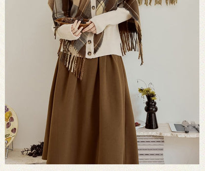 Mock Two-Piece Turtleneck Plaid Knit Top & Midi A-Line Skirt Set