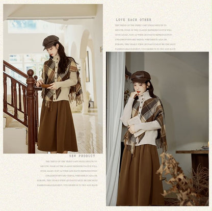 Mock Two-Piece Turtleneck Plaid Knit Top & Midi A-Line Skirt Set