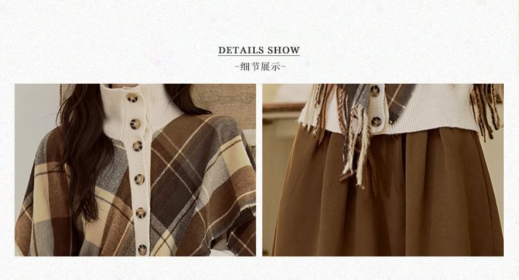 Mock Two-Piece Turtleneck Plaid Knit Top & Midi A-Line Skirt Set