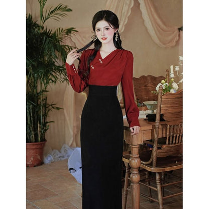V-Neck Frog Button Blouse & High Rise Midi Pencil Skirt Set