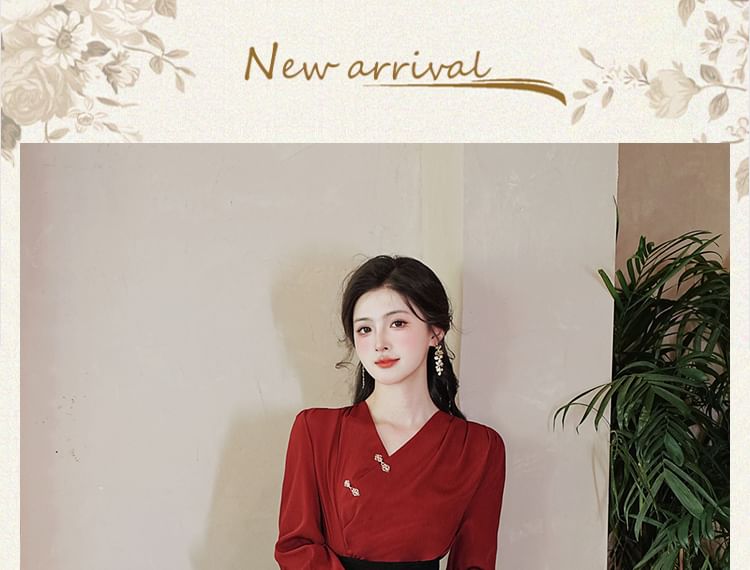 V-Neck Frog Button Blouse & High Rise Midi Pencil Skirt Set