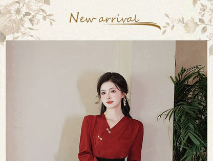 V-Neck Frog Button Blouse & High Rise Midi Pencil Skirt Set