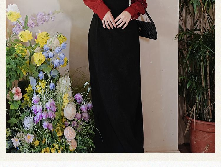 V-Neck Frog Button Blouse & High Rise Midi Pencil Skirt Set