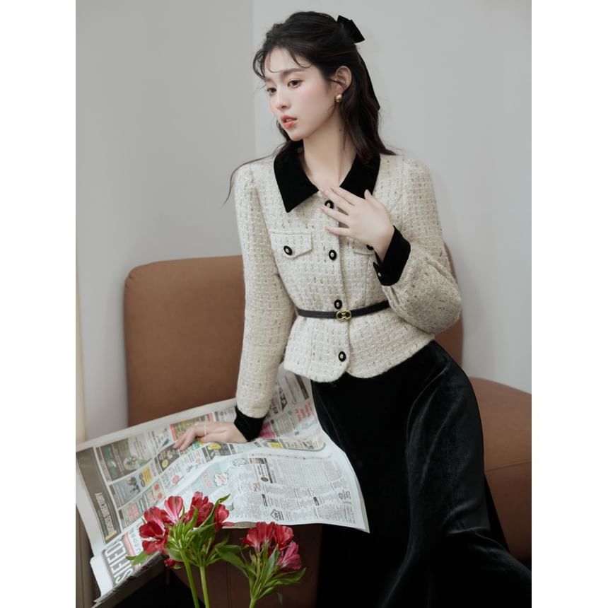 Collar Two-Tone Tweed Jacket & High Rise Velvet Midi A-Line Skirt Set