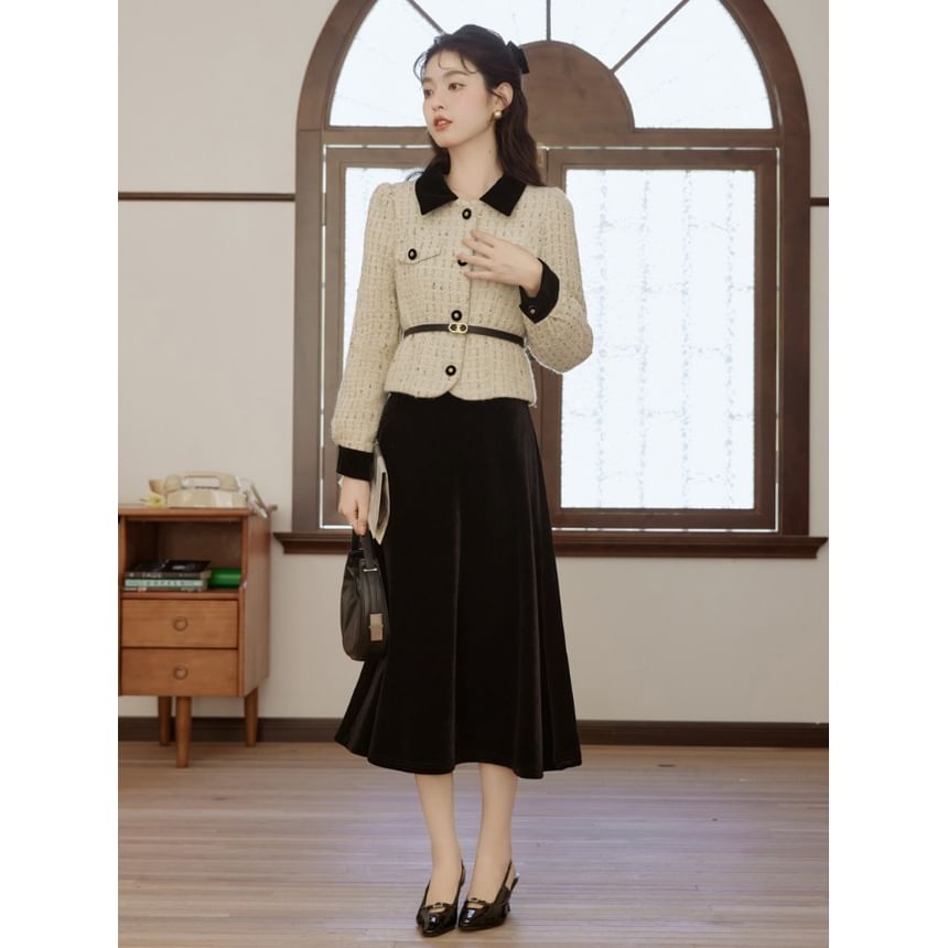 Collar Two-Tone Tweed Jacket & High Rise Velvet Midi A-Line Skirt Set