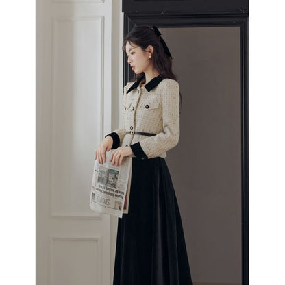 Collar Two-Tone Tweed Jacket & High Rise Velvet Midi A-Line Skirt Set