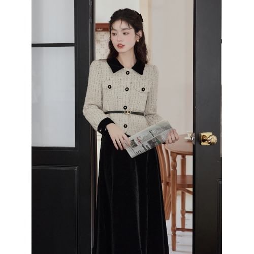 Collar Two-Tone Tweed Jacket & High Rise Velvet Midi A-Line Skirt Set