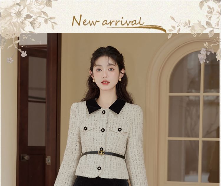 Collar Two-Tone Tweed Jacket & High Rise Velvet Midi A-Line Skirt Set