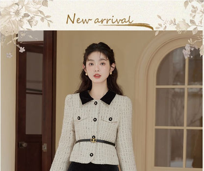 Collar Two-Tone Tweed Jacket & High Rise Velvet Midi A-Line Skirt Set