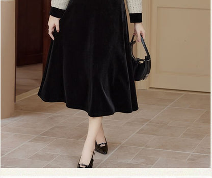 Collar Two-Tone Tweed Jacket & High Rise Velvet Midi A-Line Skirt Set