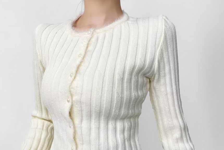 Fluffy Trim Round Neck Button Up Cropped Cardigan