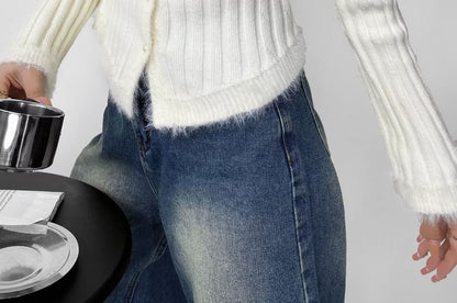 Fluffy Trim Round Neck Button Up Cropped Cardigan