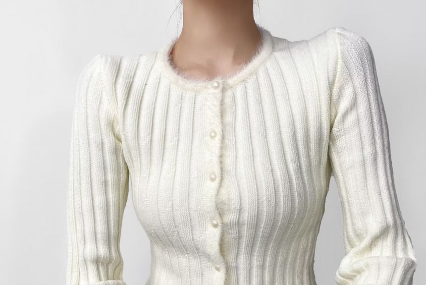 Fluffy Trim Round Neck Button Up Cropped Cardigan