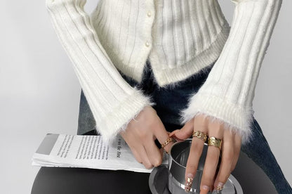 Fluffy Trim Round Neck Button Up Cropped Cardigan