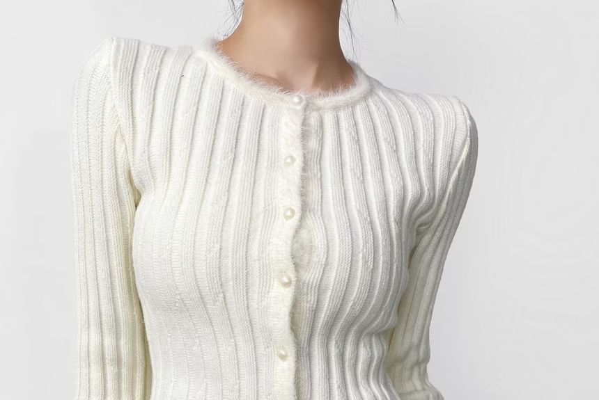 Fluffy Trim Round Neck Button Up Cropped Cardigan