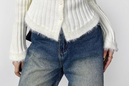 Fluffy Trim Round Neck Button Up Cropped Cardigan