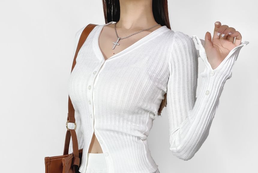 V-Neck Ribbed Knit Cardigan / Mid Rise Pleated Mini Skirt