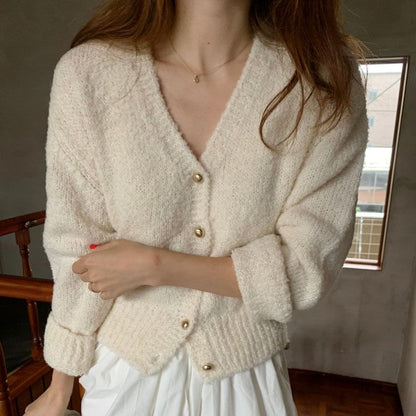 V-Neck Plain Crop Cardigan