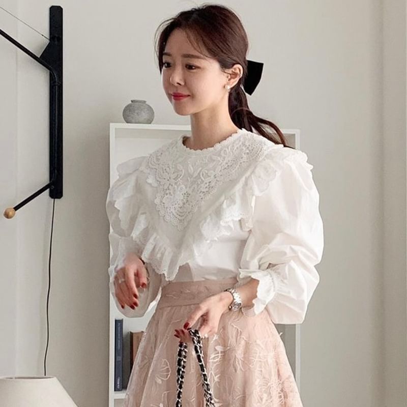 Asymmetrical Lace Long-Sleeve Blouse