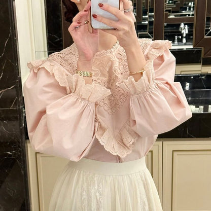 Asymmetrical Lace Long-Sleeve Blouse
