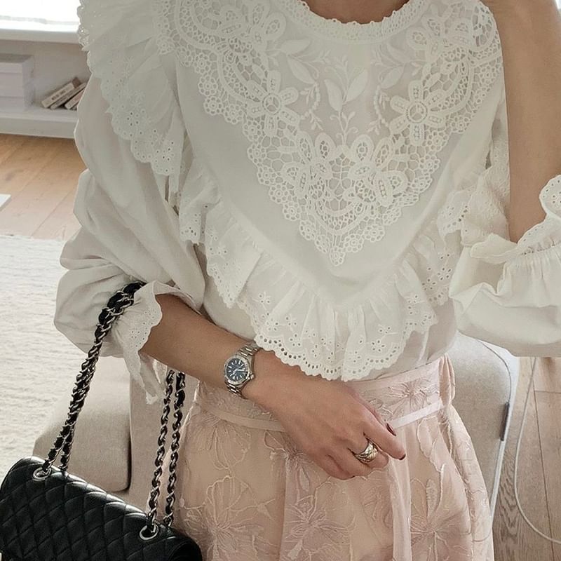 Asymmetrical Lace Long-Sleeve Blouse