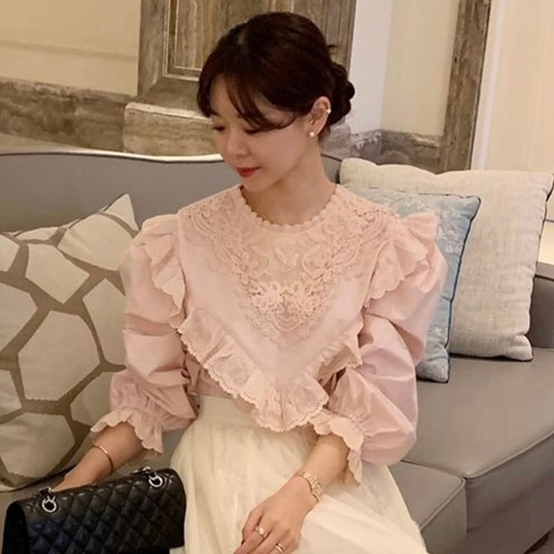 Asymmetrical Lace Long-Sleeve Blouse