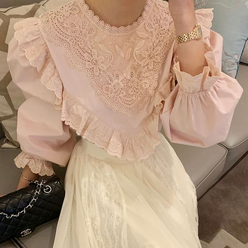 Asymmetrical Lace Long-Sleeve Blouse
