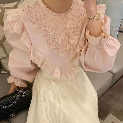 Asymmetrical Lace Long-Sleeve Blouse