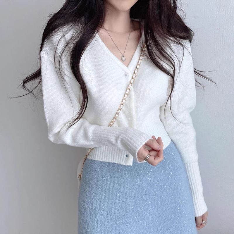 V-Neck Button-Up Plain Crop Cardigan
