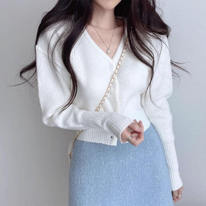V-Neck Button-Up Plain Crop Cardigan