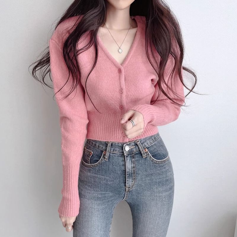 V-Neck Button-Up Plain Crop Cardigan