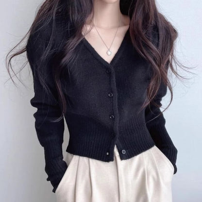 V-Neck Button-Up Plain Crop Cardigan