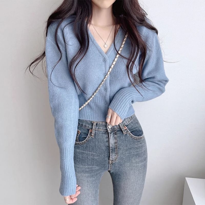 V-Neck Button-Up Plain Crop Cardigan