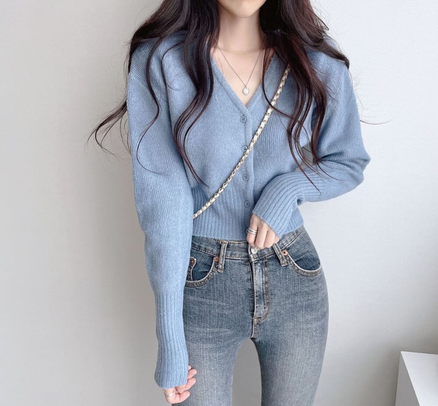 V-Neck Button-Up Plain Crop Cardigan